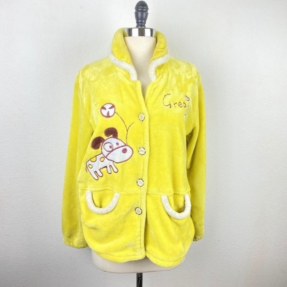 Bright Yellow Soft Blanket Jacket Playful Dog Applique Front Pockets L/M Boho